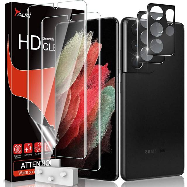 TAURI 2 Pack Flexible TPU Film Screen Protector + 2 Pack Camera Lens Protector for Samsung Galaxy S21 Ultra 5G 6.8 inch HD-Clear Scratch-resistant Bub