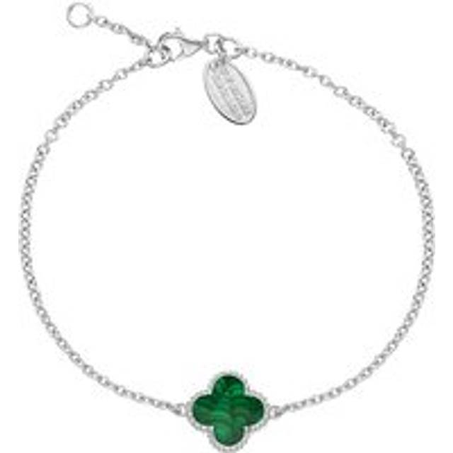 9ct White Gold Malachite Bloom Four Leaf Clover Ball Edge Chain Bracelet