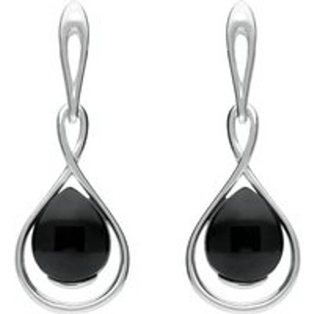 Sterling Silver Whitby Jet Open Pear Twist Drop Earrings
