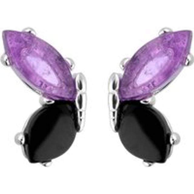 Sterling Silver Whitby Jet Amethyst Two Stone Butterfly Stud Earrings