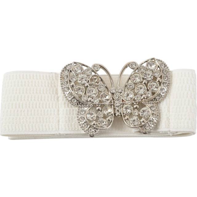 Women Rhinestones Butterfly Hook Buckle Elastic Cinch Waist Belt White