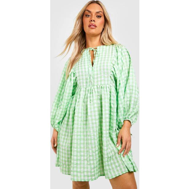 Womens Plus Gingham Textured Blouse Sleeve Smock Dress - Beige - 20