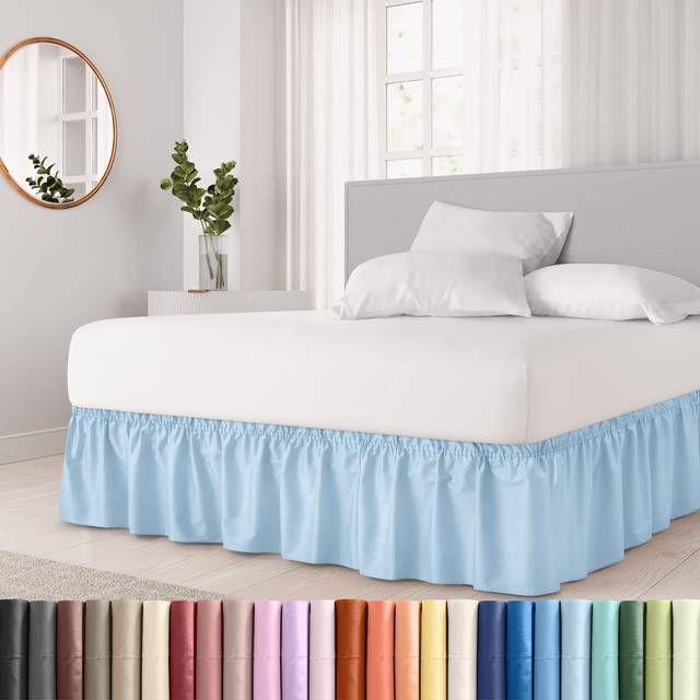 Wrap Around Dust Ruffle Bed Skirt - Light Blue - Made for Full Size Beds with 15 in. Drop - Easy Fit Elastic Strap - Pleated Bedskirt with Brushed Fab