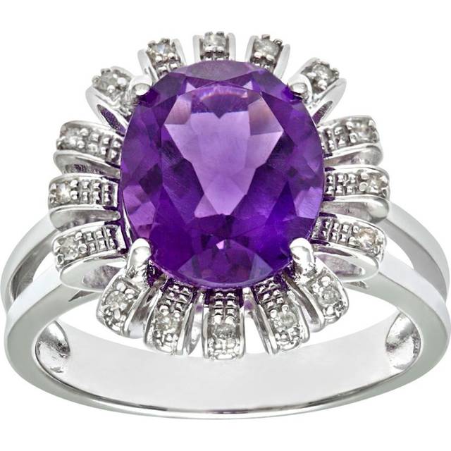 Diamant L'Eternel Womens 9ct White Gold Amethyst And Diamond Flower Cluster Ring - Size N