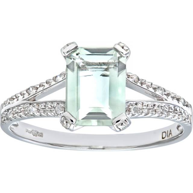 Diamant L'Eternel Womens 9ct White Gold Emerald Cut Green Amethyst Ring With Diamond Shoulders - Size P