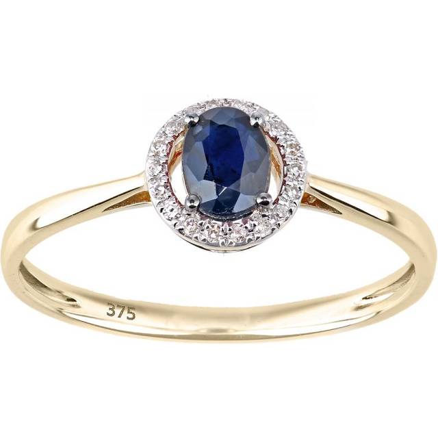 Diamant L'Eternel Womens 9ct Yellow Gold Diamond and Sapphire Round Ring with Halo - Size J