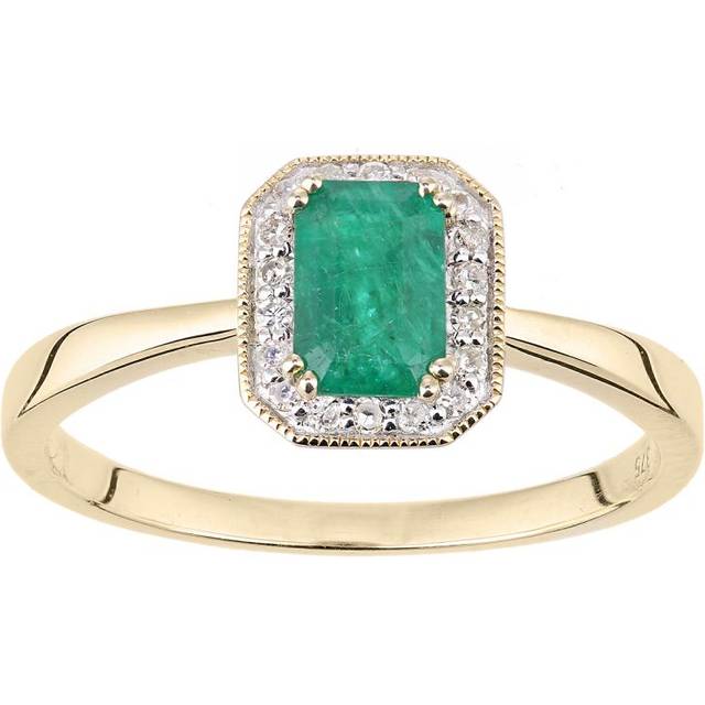 Diamant L'Eternel Womens 9ct Yellow Gold Diamond and Emerald Gemstone Rectangle Cut Ring - Size J
