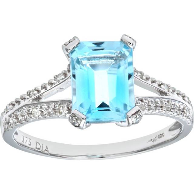 Diamant L'Eternel Womens 9ct White Gold Emerald Cut Blue Topaz Ring With Diamond Shoulders - Size M