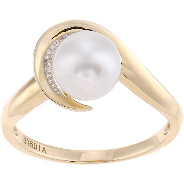 Diamant L'Eternel Womens 9ct Yellow Gold, 0.06ct Diamonds with White Cultured pearl Ring - Size L