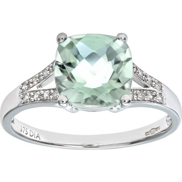 Diamant L'Eternel Womens 9ct White Gold Cushion Cut Green Amethyst Ring With Diamond Shoulders - Size K