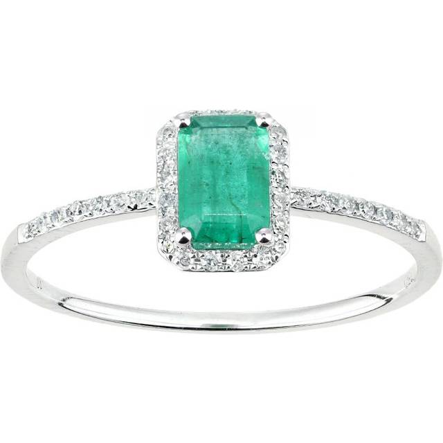 Diamant L'Eternel Womens 18ct White Gold Emerald and Diamond Gemstone Ring - Size Q