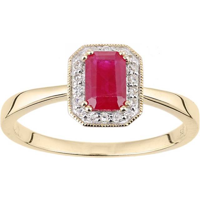 Diamant L'Eternel Womens 9ct Yellow Gold Diamond and Ruby Gemstone Rectangle Cut Ring - Size P