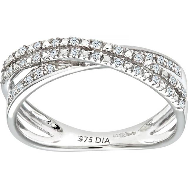 Diamant L'Eternel Womens 9ct White Gold 0.15ct 2-Row Diamond Crossover Ring - Size K