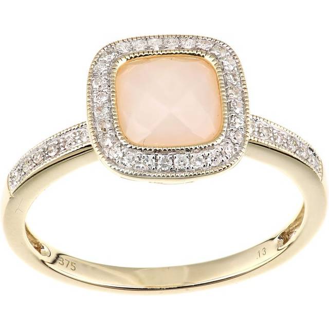 Diamant L'Eternel Womens 9ct Yellow Gold Diamond and Pink Opal Square Cut Gemstone Ring - Size K