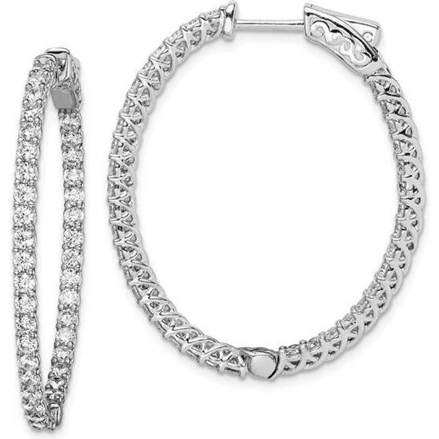 36 mm Sterling Silver Rhodium-Plated CZ Hinged Oval Hoop Earrings, Polished