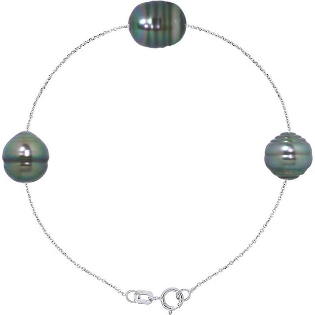 Diadema Womens - Bracelet - 3 Real Tahitian Pearls - Cable Chain Diamonds - Natural Silver - One Size