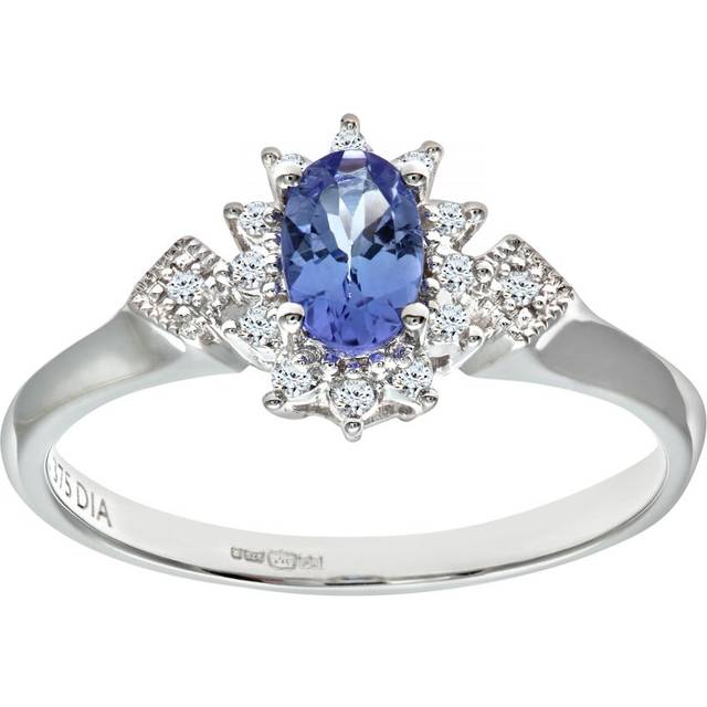 Diamant L'Eternel Womens 9ct White Gold Oval Tanzanite Cluster Ring With Diamond Shape Set Shoulders - Size L