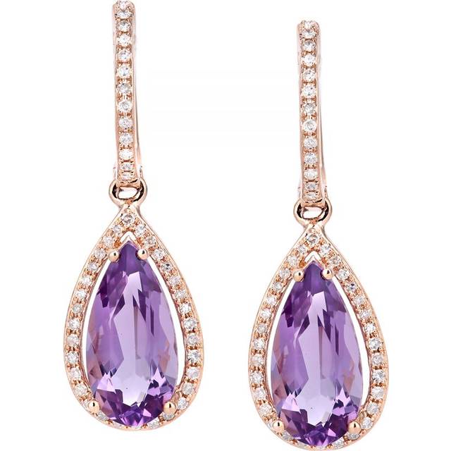 Diamant L'Eternel Womens 9ct Rose Gold Diamond and Amethyst Drop Dangle Hoop Earrings - One Size