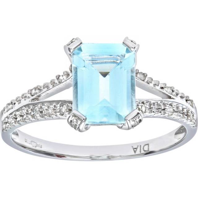 Diamant L'Eternel Womens 9ct White Gold Emerald Cut Aquamarine Ring With Diamond Shoulders - Size J