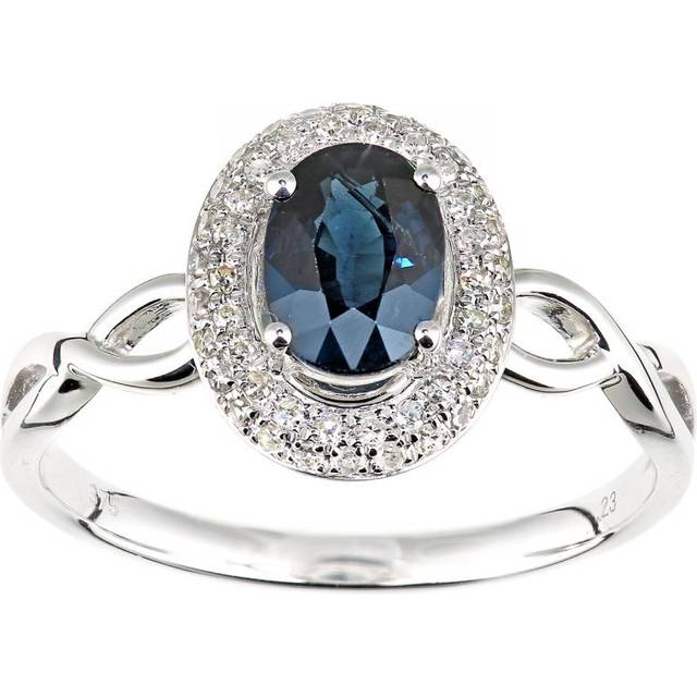 Diamant L'Eternel Womens 9ct White Gold Diamond and Sapphire Oval Gemstone Ring - Size L
