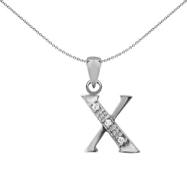 Jewelco London Solid 9ct White Gold Pave Set Round H I2 0.02ct Diamond Identity Dainty Initial ID Charm Pendant Letter X - 9P052-X