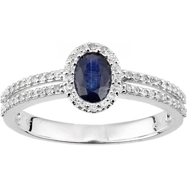 Diamant L'Eternel Womens 18ct White Gold Diamond and Sapphire Oval Ring with Shoulders - Size P