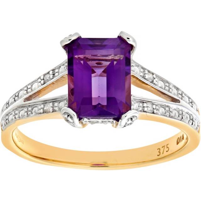 Diamant L'Eternel Womens 9ct Yellow Gold Single Stone Amethyst with Diamond Set Collette and Shoulders Ladies Ring - Size J