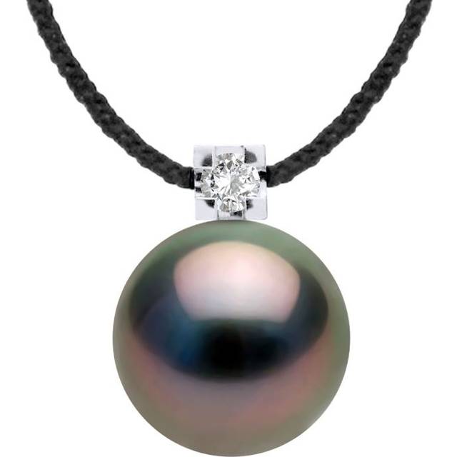 Diadema Womens - Necklace - Black Nylon - Tahiti Pearl and Real Diamond - Natural - One Size