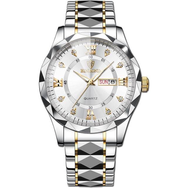 Men's Watch Night Glow Double Calendar Men's Quartz Watch Diamond Pointed Glass Watch