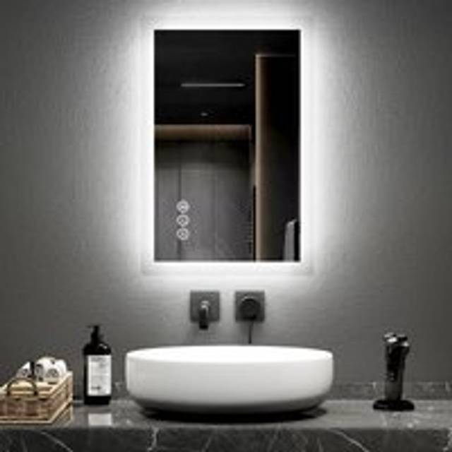 Emke - Blue Atmosphere Light led Illuminated Bluetooth Bathroom Mirror with Shaver Socket 40X60cm Two Colour Dimmable Defog Mirror
