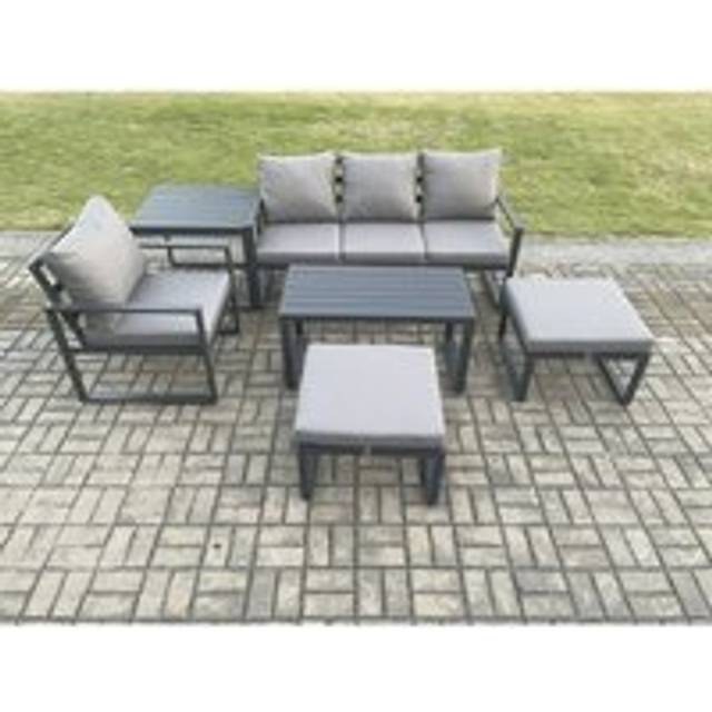 Fimous Aluminium 6 Pieces Garden Furniture Sofa Set with Cushions 6 Seater Outdoor Patio Set with Armchair 2 Big Footstools Side Table Dark Grey