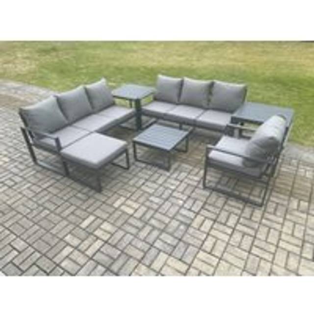 Fimous Aluminium 8 Seater Outdoor Garden Furniture Lounge Sofa Set with Square Coffee Table Chair Big Footstool 2 Side Tables Dark Grey
