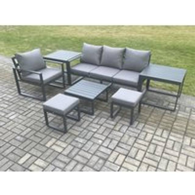 Fimous Aluminium Outdoor Garden Furniture Set Patio Lounge Sofa Chair Set with Square Coffee Table 2 Side Tables 2 Small Footstools Conservatory Set D