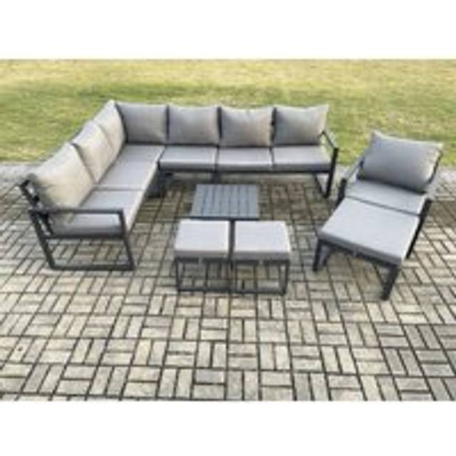 Fimous Outdoor Rattan Garden Furniture Set 10 Seater Corner Sofa Sets with Square Coffee Table Chair 3 Footstools Light Grey Mixed