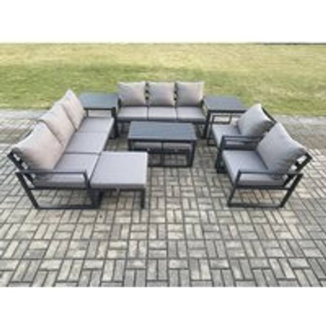 Fimous Aluminium Outdoor Garden Furniture Lounge Sofa 2 PC Chairs Oblong Coffee Table Sets with 2 Side Tables 3 Footstools Dark Grey