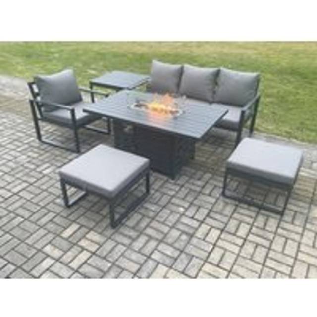 Fimous Aluminium 6 Pieces Garden Furniture Sofa Set with Cushions Gas Fire Pit Dining Table Set with 2 Big Footstools Dark Grey