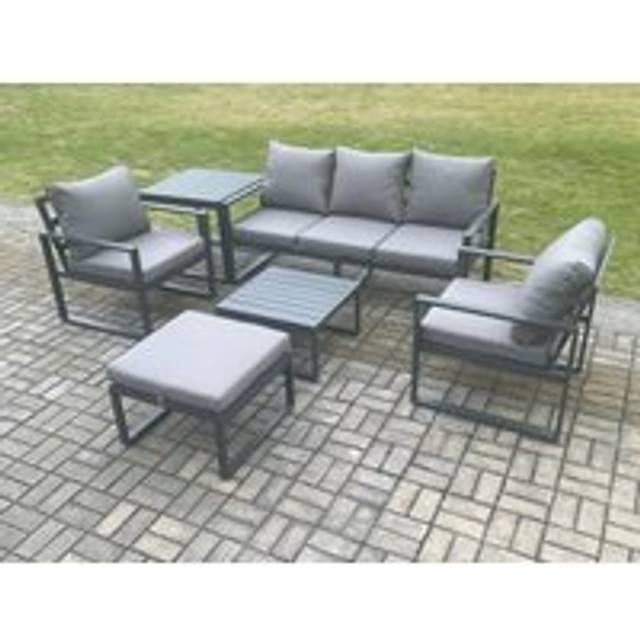 Aluminium 6 Seater Outdoor Lounge Sofa Set Garden Furniture Sets with Square Coffee Table Chair Big Footstool Side Table Dark Grey - Fimous