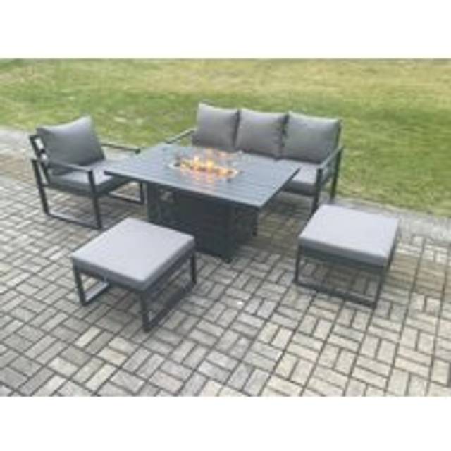 Fimous Aluminium 5 Pieces Garden Furniture Sofa Set with Cushions Gas Fire Pit Dining Table Set with 2 Big Footstools Dark Grey