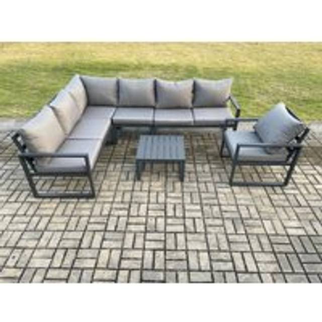 Fimous Aluminium Garden Furniture Set Outdoor Lounge Corner Sofa Chair Square Coffee Table Sets Dark Grey 7 Seater