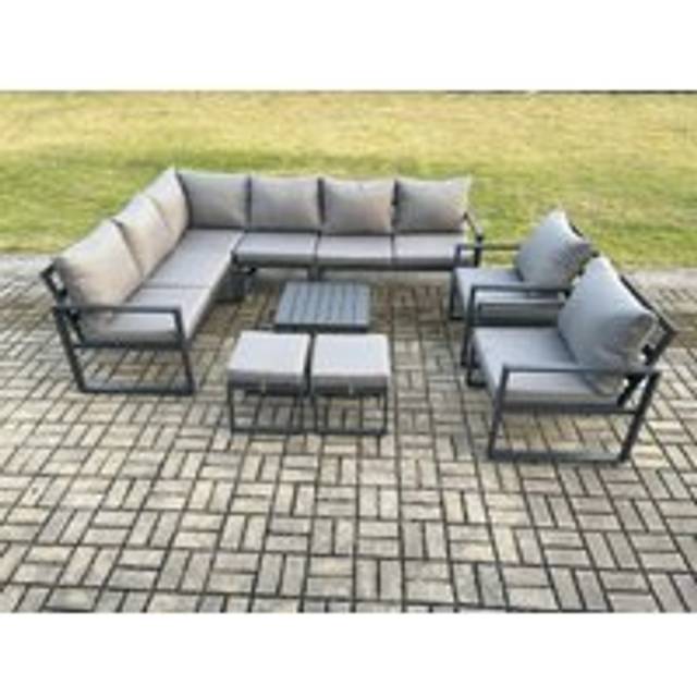 Fimous 10 Seater Aluminium Garden Furniture Set Outdoor Lounge Corner Sofa 2 Pcs Chair Square Coffee Table Sets with 2 Small Footstools Dark Grey