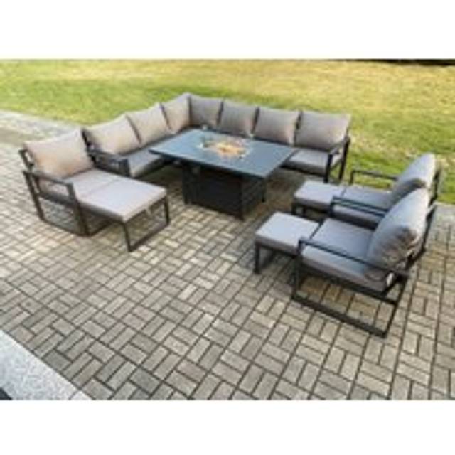 Fimous Aluminium 11 Pieces Garden Furniture Corner Sofa Set with Cushions Gas Fire Pit Dining Table Set with 3 Chairs 3 Footstools Dark Grey