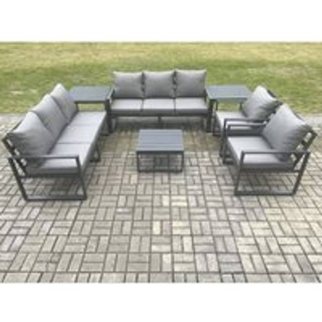 Fimous Aluminium Outdoor Lounge Sofa Set Garden Furniture Sets with Square Coffee Table 2 Chairs 2 Side Tables Dark Grey 8 Seater