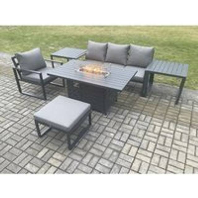Fimous Aluminium 6 Pieces Garden Furniture Sofa Set with Cushions Gas Fire Pit Dining Table Set with 2 Big Footstool Dark Grey