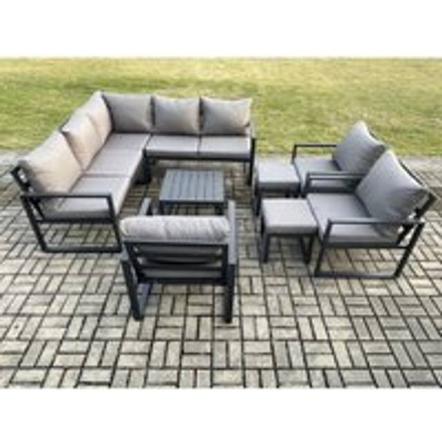 Fimous 10 Seater Outdoor Aluminium Garden Furniture Set Corner Lounge Sofa Set with Square Coffee Table Chair 2 Small Footstools Dark Grey