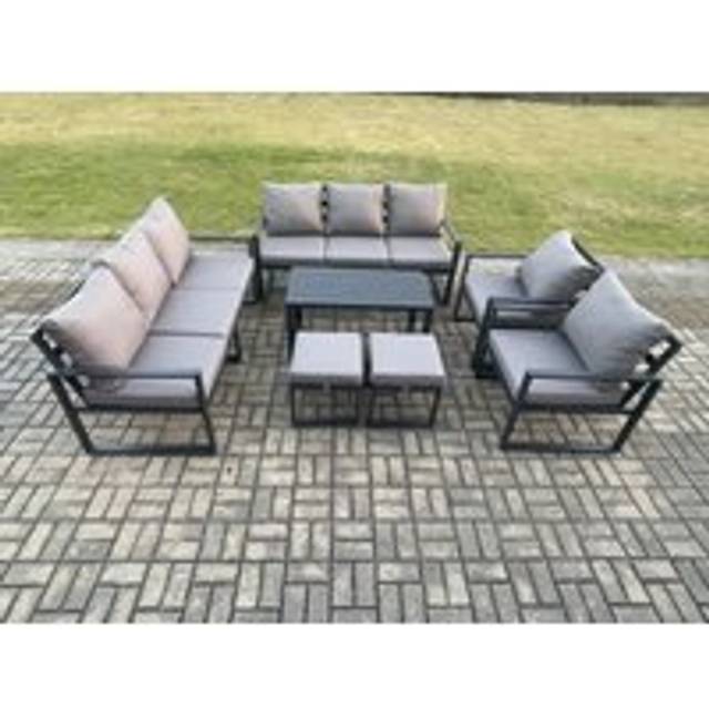 Fimous Aluminium Outdoor Garden Furniture Lounge Sofa 2 PC Chairs Oblong Coffee Table Sets with 2 Small Footstool Dark Grey