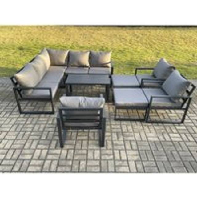 Fimous 10 Seater Aluminium Outdoor Garden Furniture Set Patio Lounge Sofa with Oblong Coffee Table Chair 2 Big Footstools Dark Grey