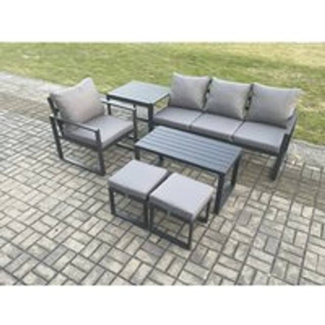 Aluminium 6 Pieces Garden Furniture Sofa Set with Cushions 6 Seater Outdoor Patio Set with Armchair 2 Small Footstools Side Table - Dark Grey - One Size
