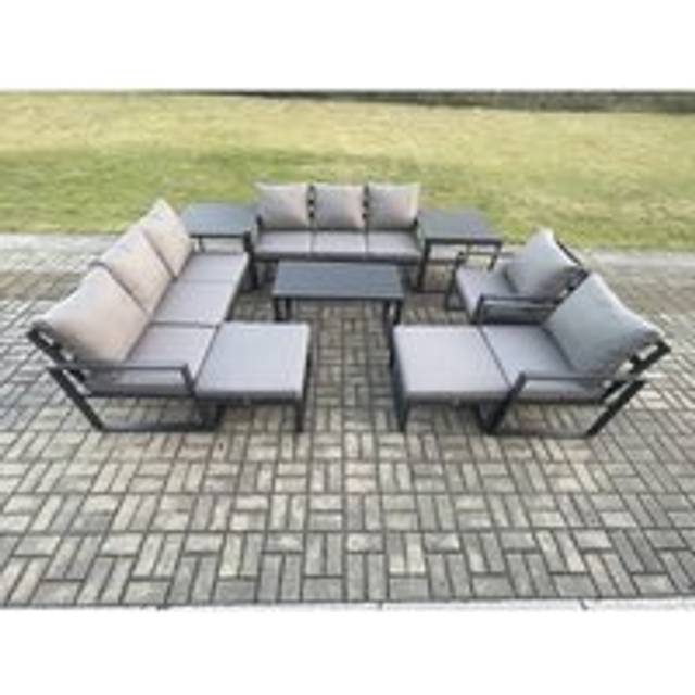 Aluminium Outdoor Garden Furniture Lounge Sofa 2 pc Chairs Oblong Coffee Table Sets with 2 Side Tables 2 Big Footstool Dark Grey - Fimous