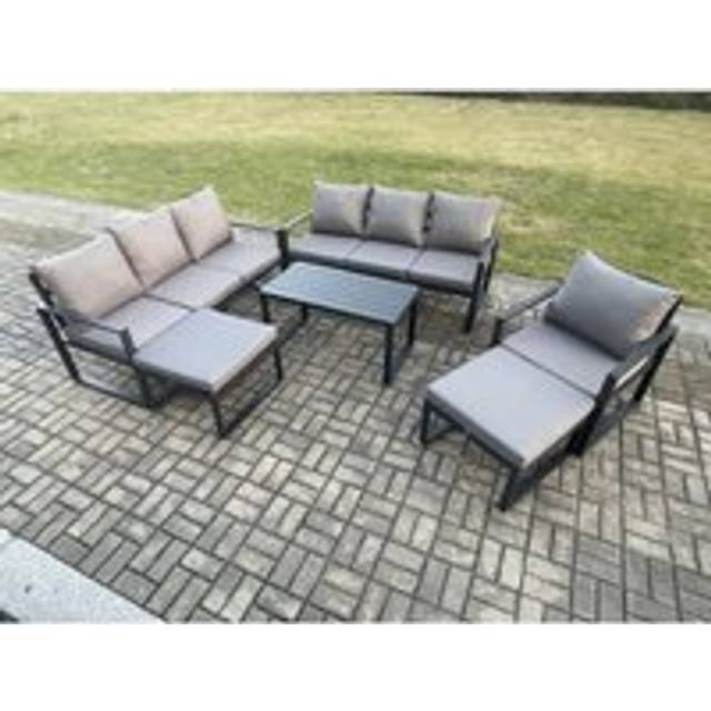 Fimous Aluminium 6 Pieces Garden Furniture Set with Cushions 9 Seater Outdoor Patio Lounge Sofa Set with Armchair 2 Big Footstools Dark Grey