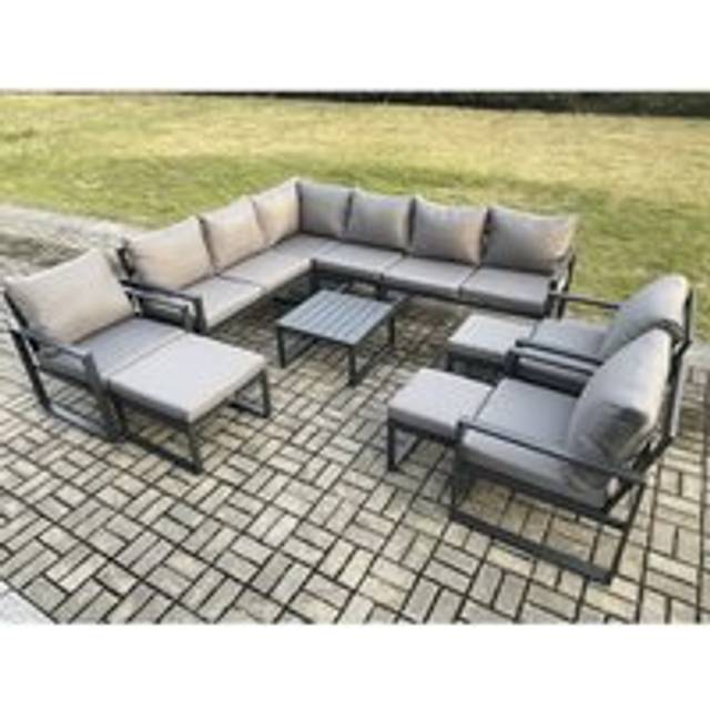 Fimous 12 Seater Outdoor Lounge Corner Sofa Set Aluminum Garden Furniture Sets with Square Coffee Table 3 Chairs 3 Footstools Dark Grey